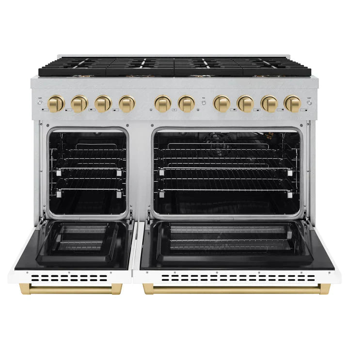 ZLINE Autograph Package - 48" Gas Range and Range Hood in Satin Stainless Steel, White Matte, Bronze Accents