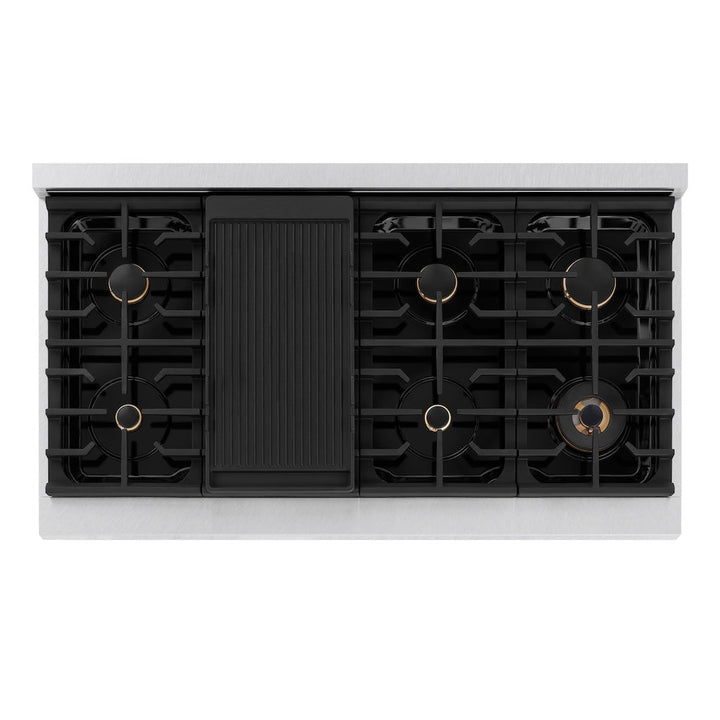 ZLINE Autograph 48 in. 6.7 cu. ft. Paramount Double Oven Gas Range with 8 Burners, Satin Stainless Steel, White Matte Doors & Champagne Bronze Accents (SGRSZ-WM-48-CB)