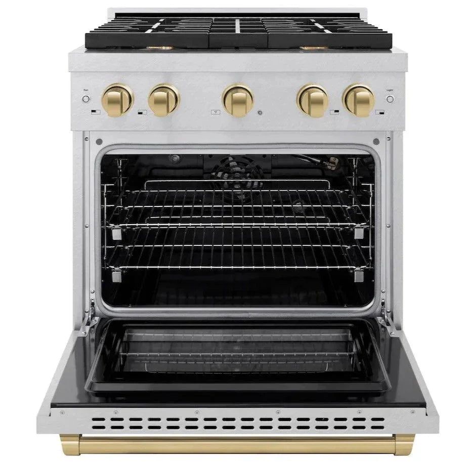 ZLINE Autograph 30 in. 4.2 cu. ft. Paramount Gas Range with 4 Burners and Convection Gas Oven in Satin Stainless Steel with Champagne Bronze Accents (SGRSZ-30-CB)