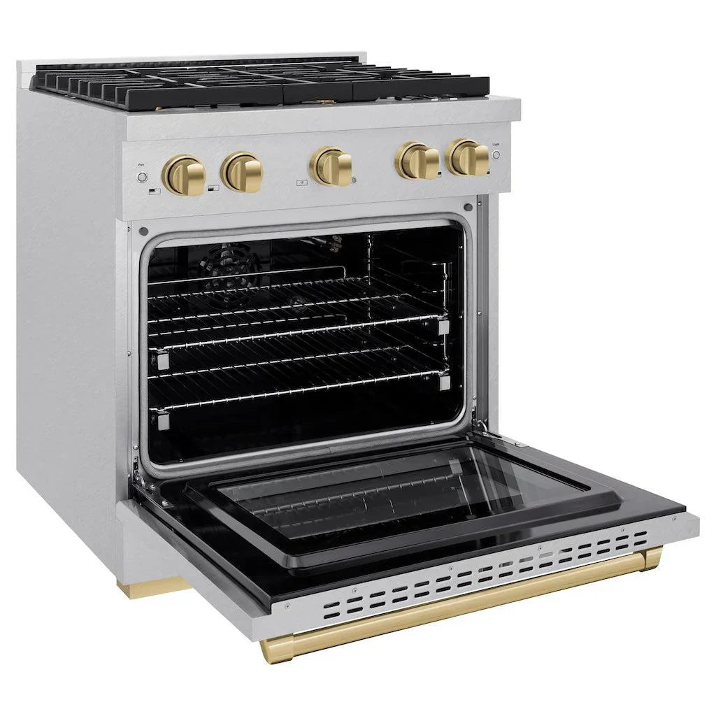 ZLINE Autograph 30 in. 4.2 cu. ft. Paramount Gas Range with 4 Burners and Convection Gas Oven in Satin Stainless Steel with Champagne Bronze Accents (SGRSZ-30-CB)
