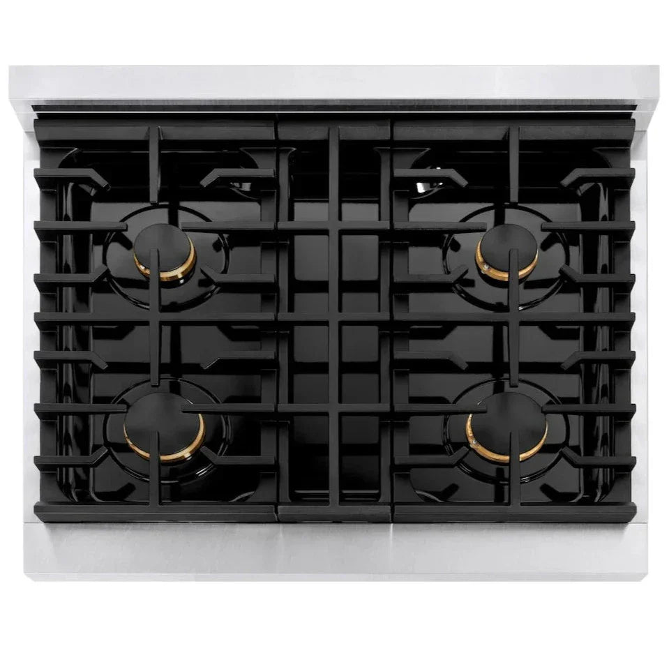 ZLINE Autograph 30 in. 4.2 cu. ft. Paramount Gas Range with 4 Burners and Convection Gas Oven in Satin Stainless Steel with Champagne Bronze Accents (SGRSZ-30-CB)