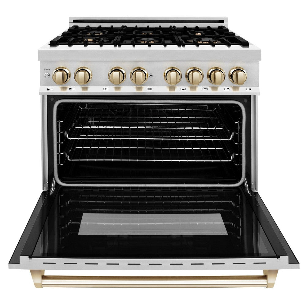 ZLINE Autograph Edition 36-inch Dual Fuel Range, 4.6 cu ft Oven, Stainless Steel with Gold Accents (Model RAZ-36-G)