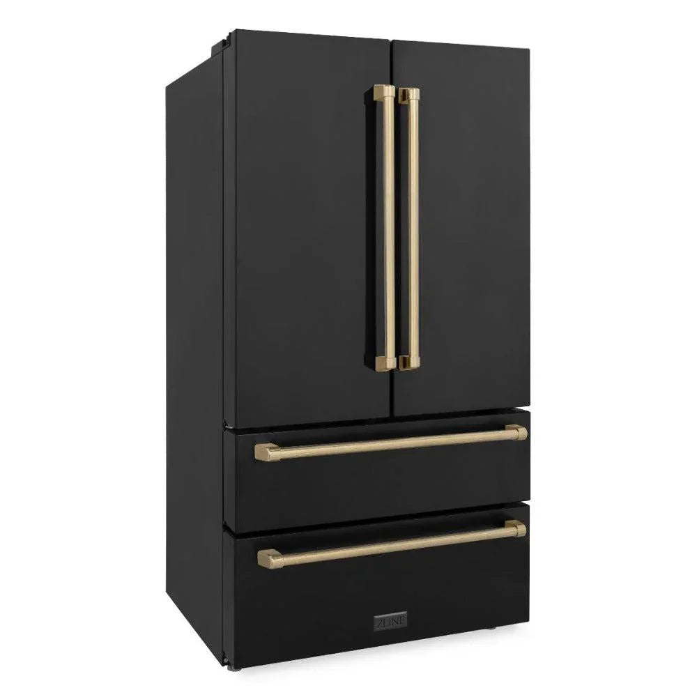 ZLINE Kitchen and Bath 36-Inch French Door Refrigerator 22.5 cu. ft. Counter-Depth Ice Maker Black Stainless Steel with Champagne Bronze Accents (RFMZ-36-BS-CB)