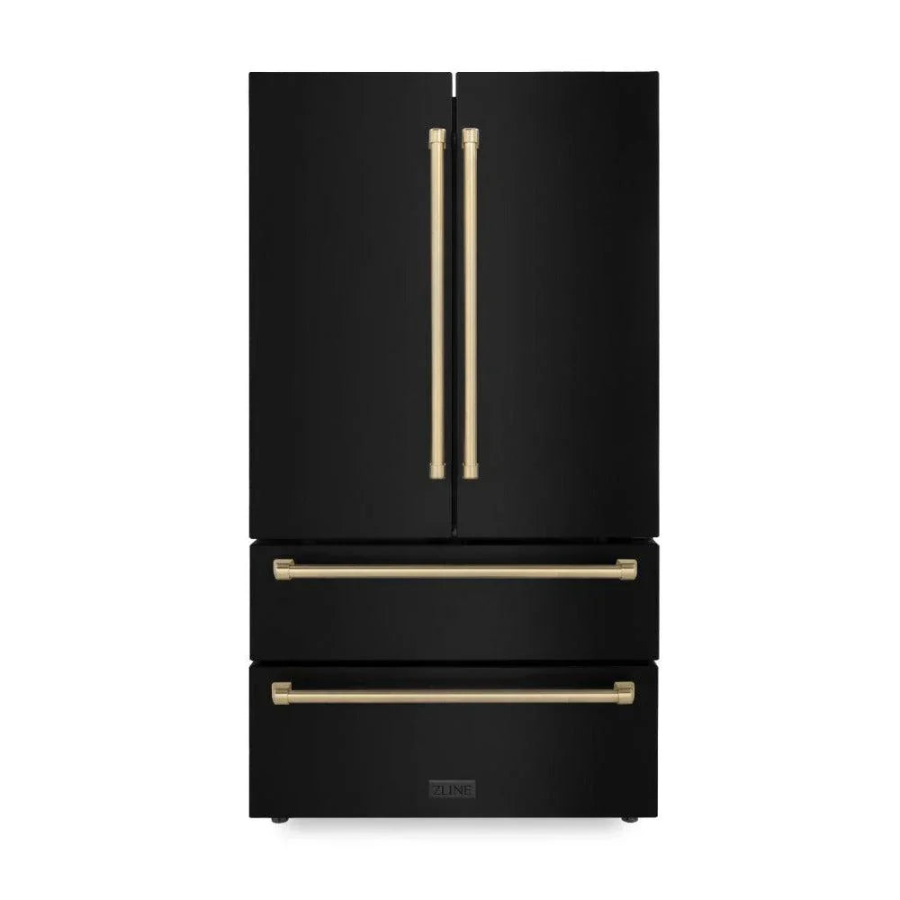 ZLINE Kitchen and Bath 36-Inch French Door Refrigerator 22.5 cu. ft. Counter-Depth Ice Maker Black Stainless Steel with Champagne Bronze Accents (RFMZ-36-BS-CB)