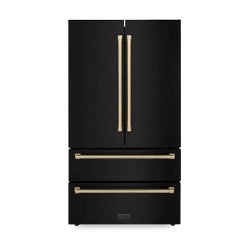 ZLINE Kitchen and Bath 36-Inch French Door Refrigerator 22.5 cu. ft. Counter-Depth Ice Maker Black Stainless Steel with Champagne Bronze Accents (RFMZ-36-BS-CB)