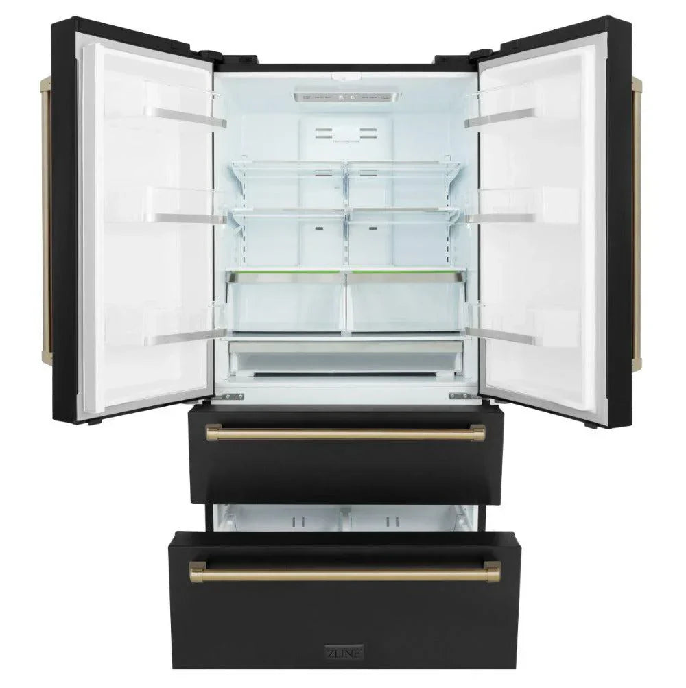 ZLINE Kitchen and Bath 36-Inch French Door Refrigerator 22.5 cu. ft. Counter-Depth Ice Maker Black Stainless Steel with Champagne Bronze Accents (RFMZ-36-BS-CB)