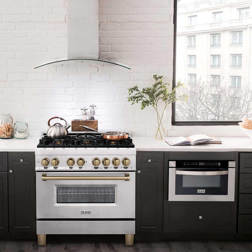 ZLINE Autograph Edition 36-Inch Dual Fuel Range, 4.6 cu. ft., Stainless Steel with Bronze Accents (Model RAZ-36-CB)