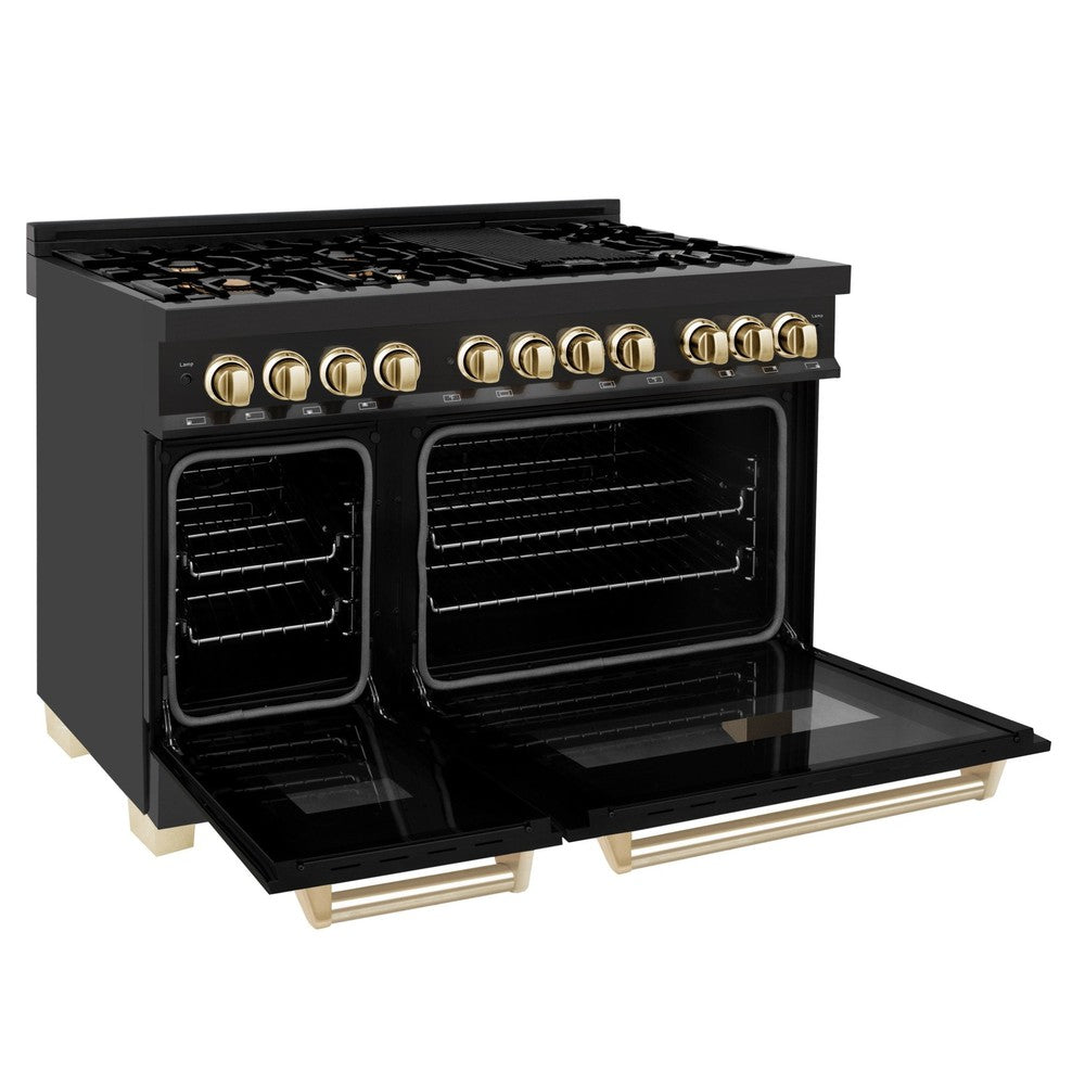 ZLINE Autograph 48-Inch Dual Fuel Range, 6.0 Cu. Ft., Black Stainless Steel with Gold Accents (RABZ-48-G)