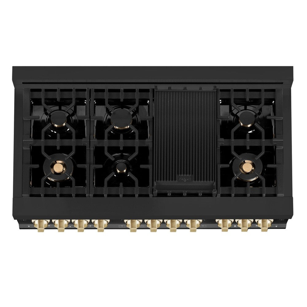 ZLINE Autograph 48-Inch Dual Fuel Range, 6.0 Cu. Ft., Black Stainless Steel with Gold Accents (RABZ-48-G)