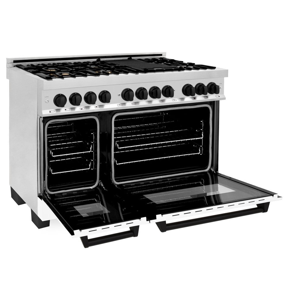ZLINE Autograph Edition 48 in. 6.0 cu. ft. Dual Fuel Range with Gas Cooktop and Electric Convection Oven in Stainless Steel with White Matte Door and Matte Black Accents (RAZ-WM-48-MB)