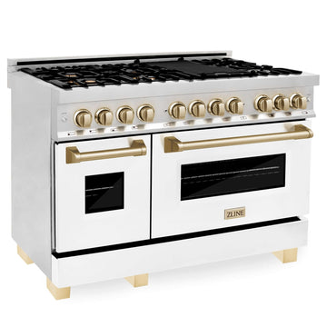 ZLINE Autograph Edition 48 in. 6.0 cu. ft. Dual Fuel Range with Gas Cooktop and Electric Convection Oven, White Matte Door with Polished Gold Accents (RAZ-WM-48-G)