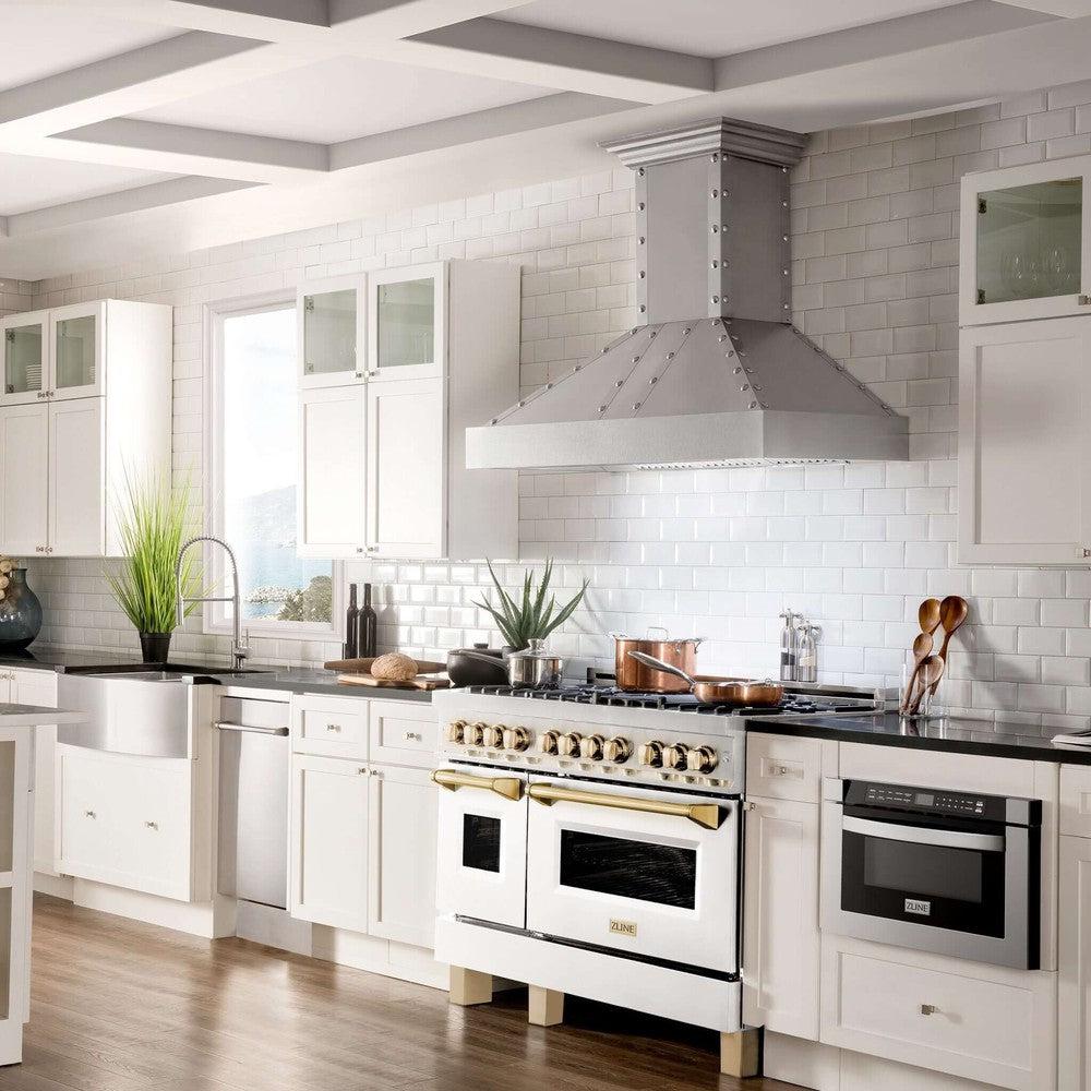 ZLINE Autograph Edition 48 in. 6.0 cu. ft. Dual Fuel Range with Gas Cooktop and Electric Convection Oven, White Matte Door with Polished Gold Accents (RAZ-WM-48-G)