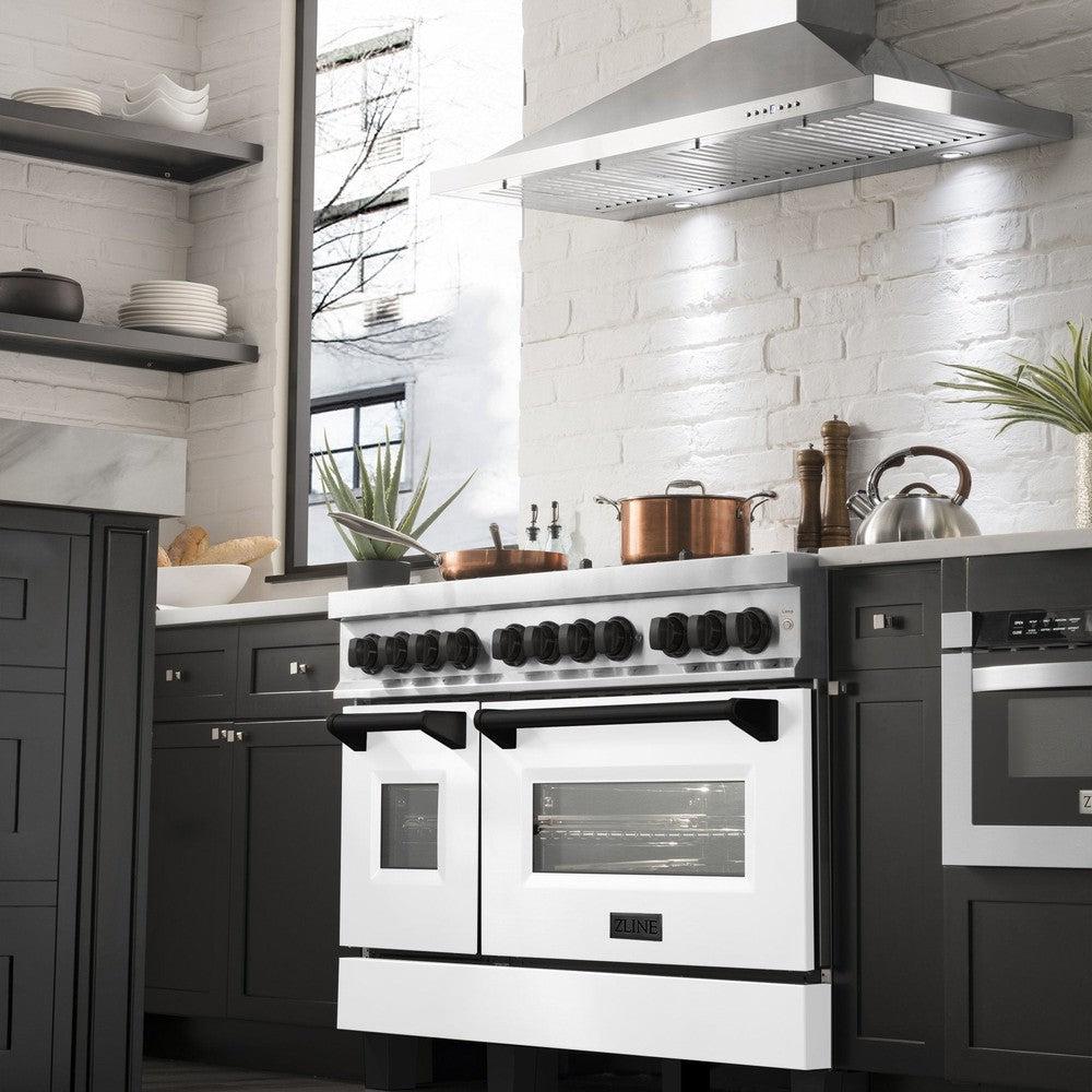 ZLINE Autograph Edition 48 in. 6.0 cu. ft. Dual Fuel Range with Gas Cooktop and Electric Convection Oven in Stainless Steel with White Matte Door and Matte Black Accents (RAZ-WM-48-MB)