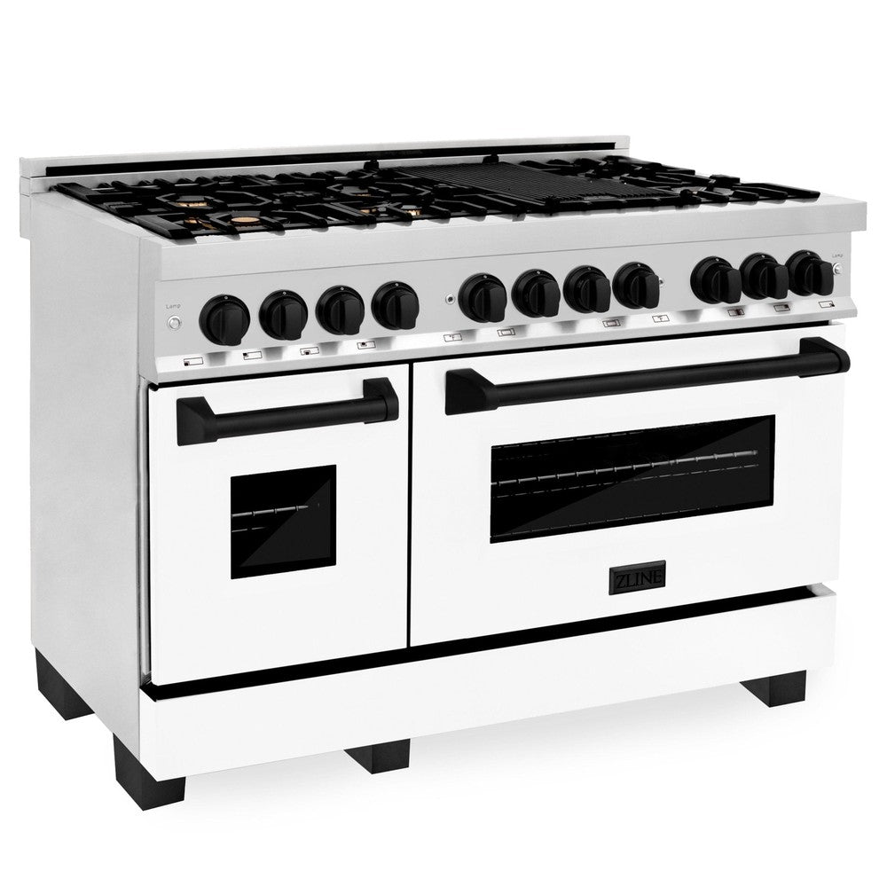 ZLINE Autograph Edition 48 in. 6.0 cu. ft. Dual Fuel Range with Gas Cooktop and Electric Convection Oven in Stainless Steel with White Matte Door and Matte Black Accents (RAZ-WM-48-MB)