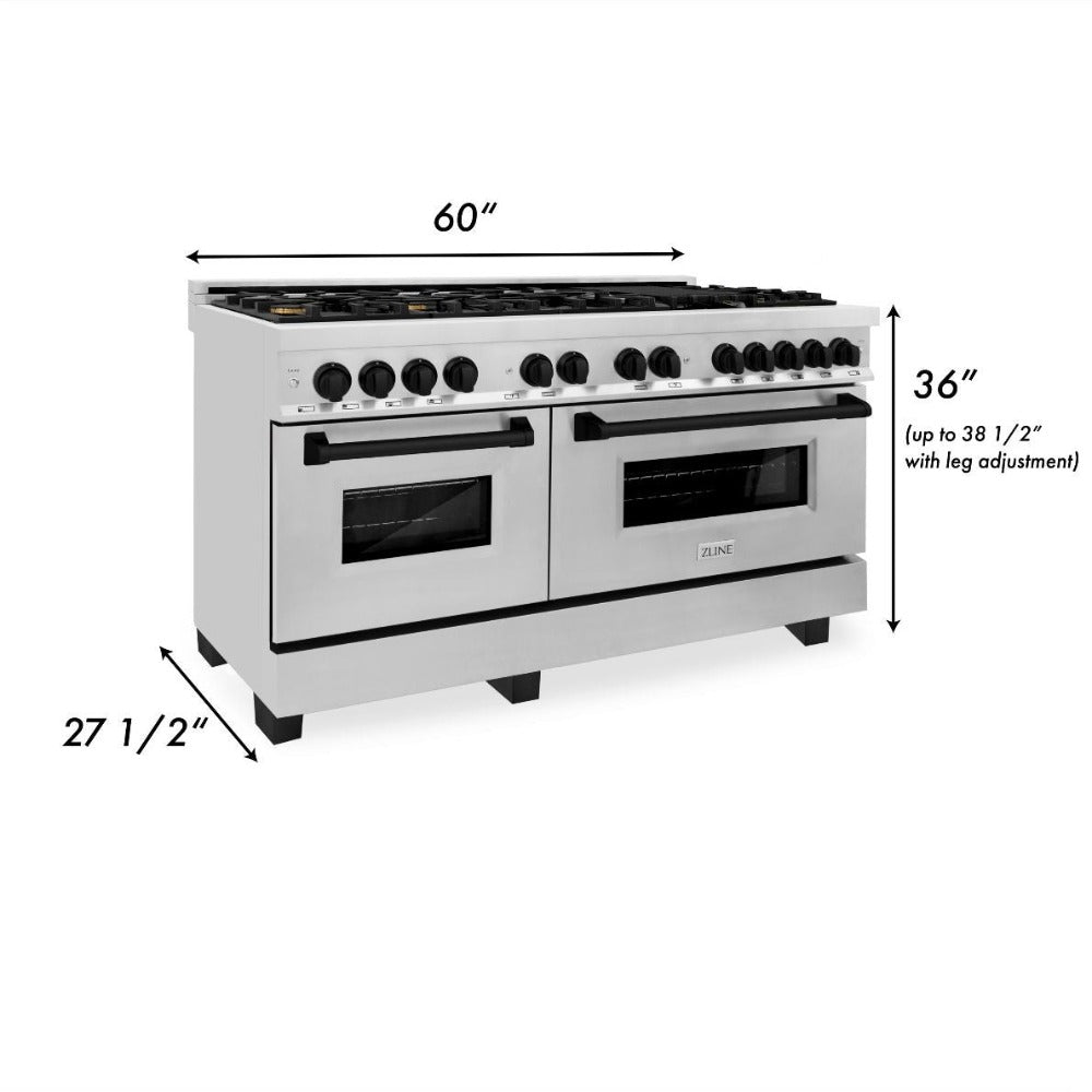ZLINE Autograph Edition 60-Inch Dual Fuel Range with 7.4 cu. ft. Electric Convection Oven, Stainless Steel with Black Matte Accents (Model RAZ-60-MB)