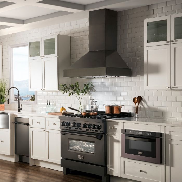 ZLINE 48 in Wall Mount Range Hood 700 CFM Black Stainless Steel LED Lighting Baffle Filters (BS655N-48)