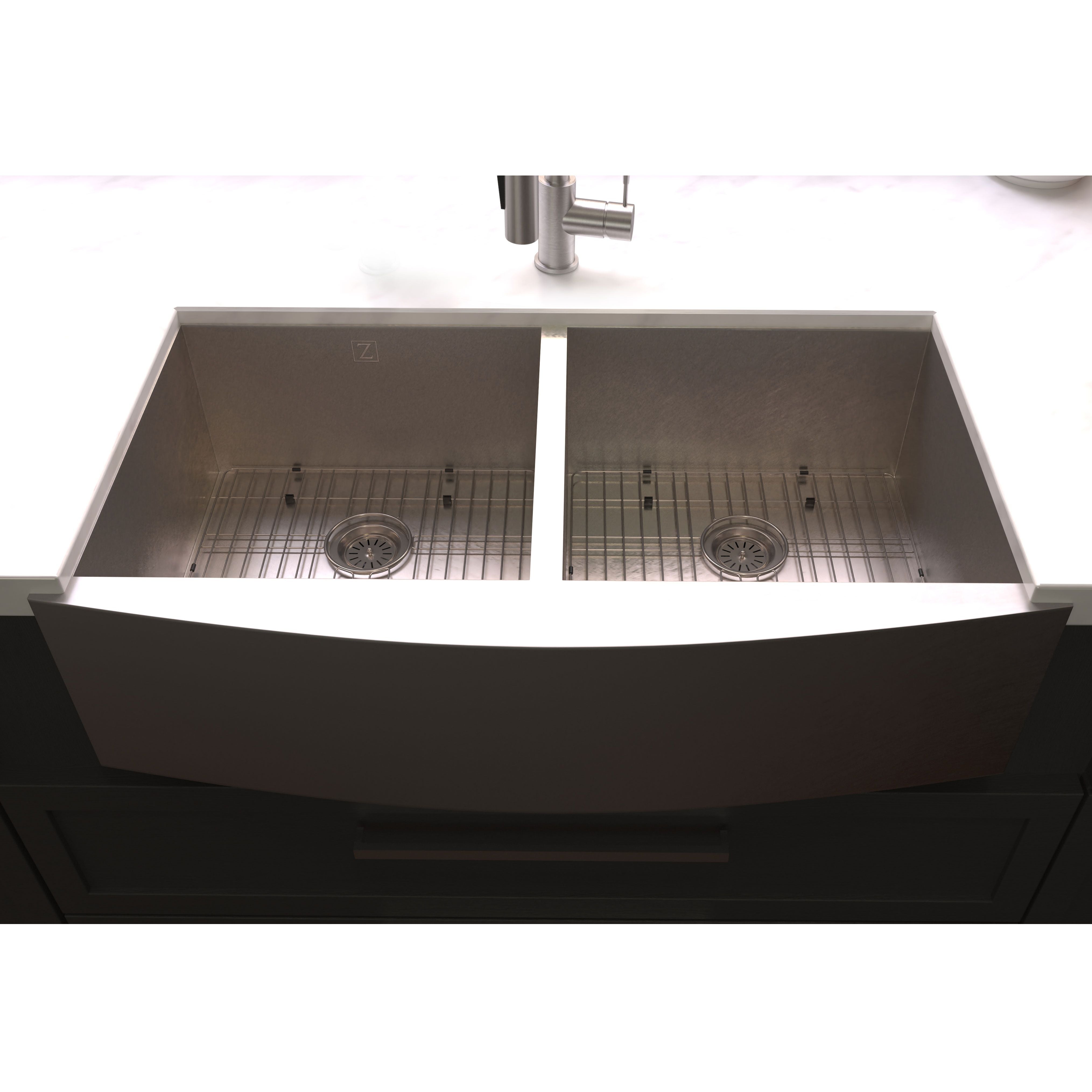 ZLINE 36" Niseko Farmhouse Apron Mount Double Bowl Satin Stainless Steel Kitchen Sink with Bottom Grid, SA50D-36S