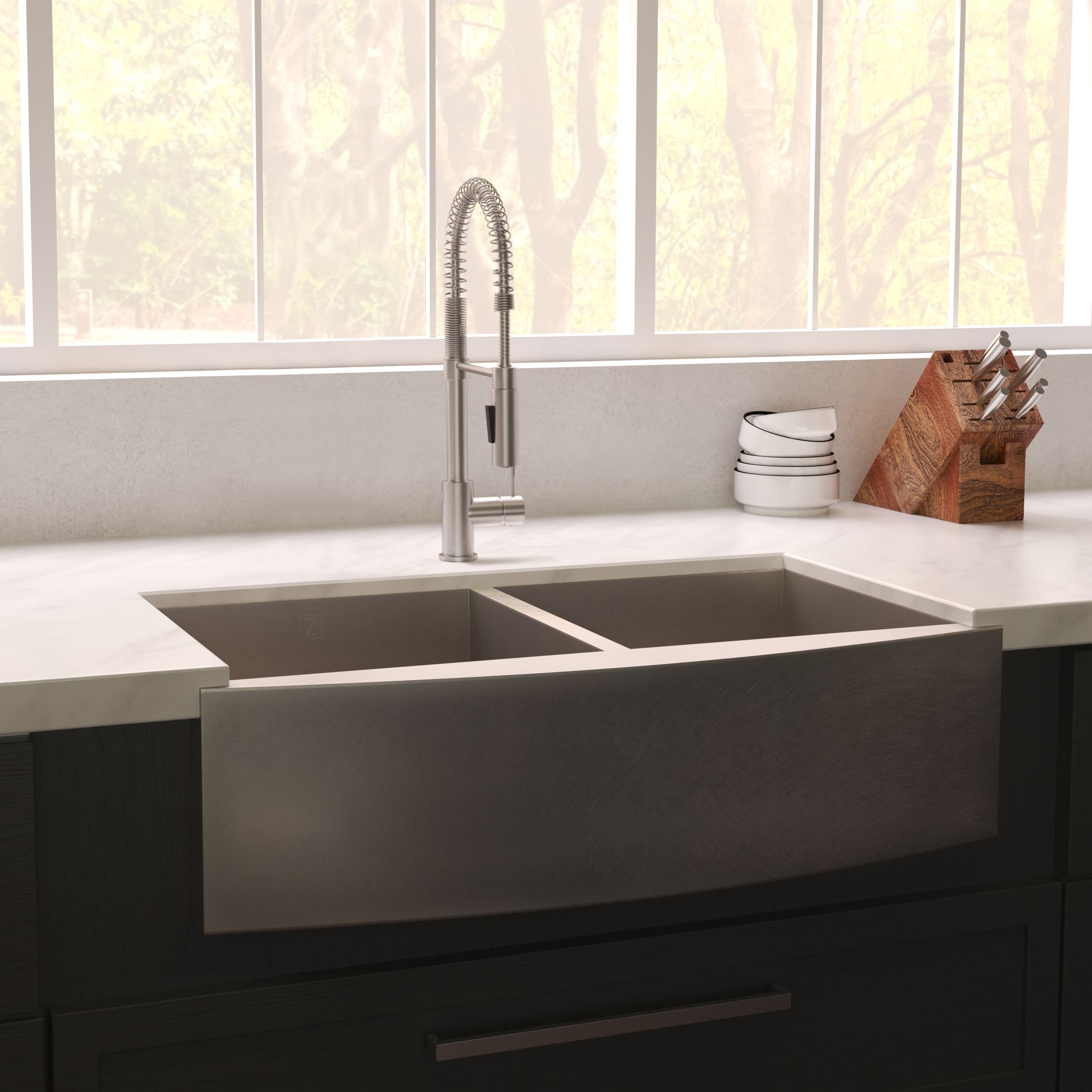 ZLINE 36" Niseko Farmhouse Apron Mount Double Bowl Satin Stainless Steel Kitchen Sink with Bottom Grid, SA50D-36S