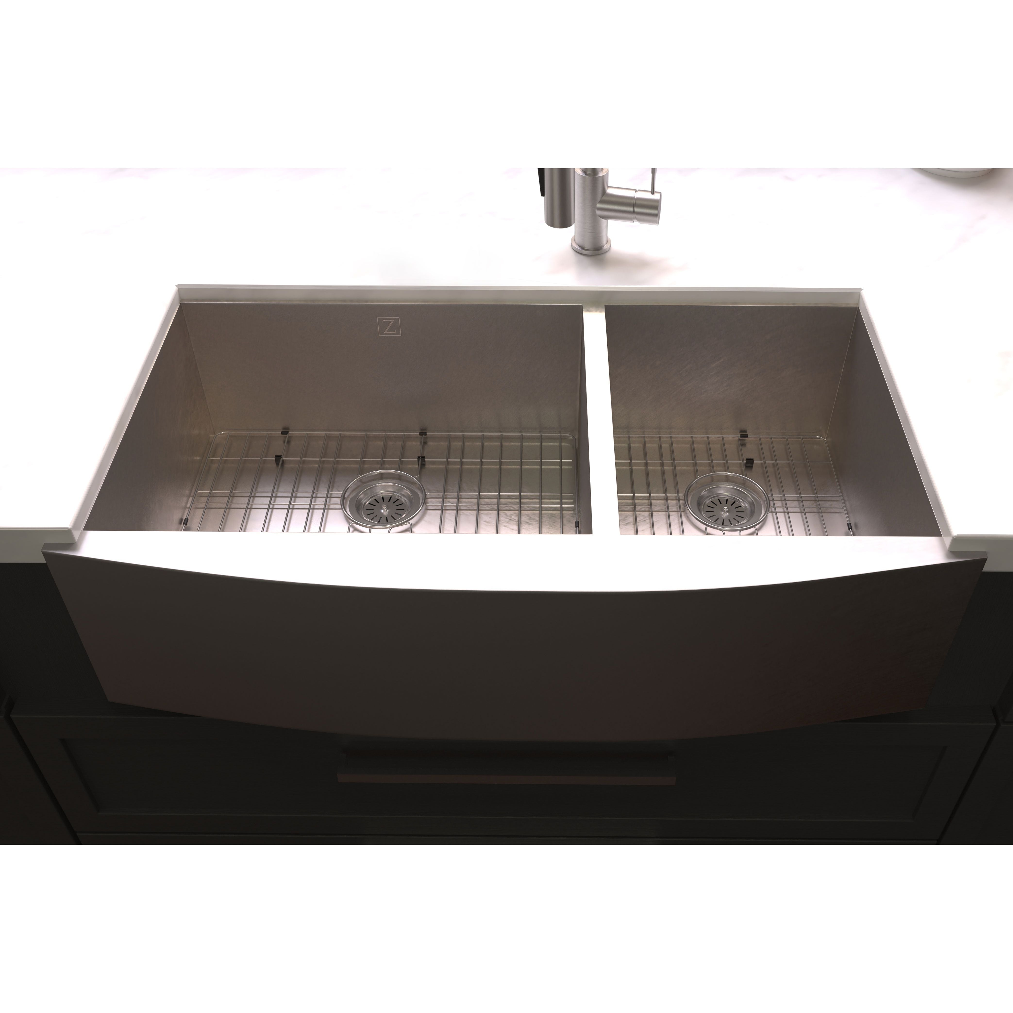 ZLINE 36" Courchevel Farmhouse Apron Mount Double Bowl Satin Stainless Steel Kitchen Sink with Bottom Grid, SA60D-36S