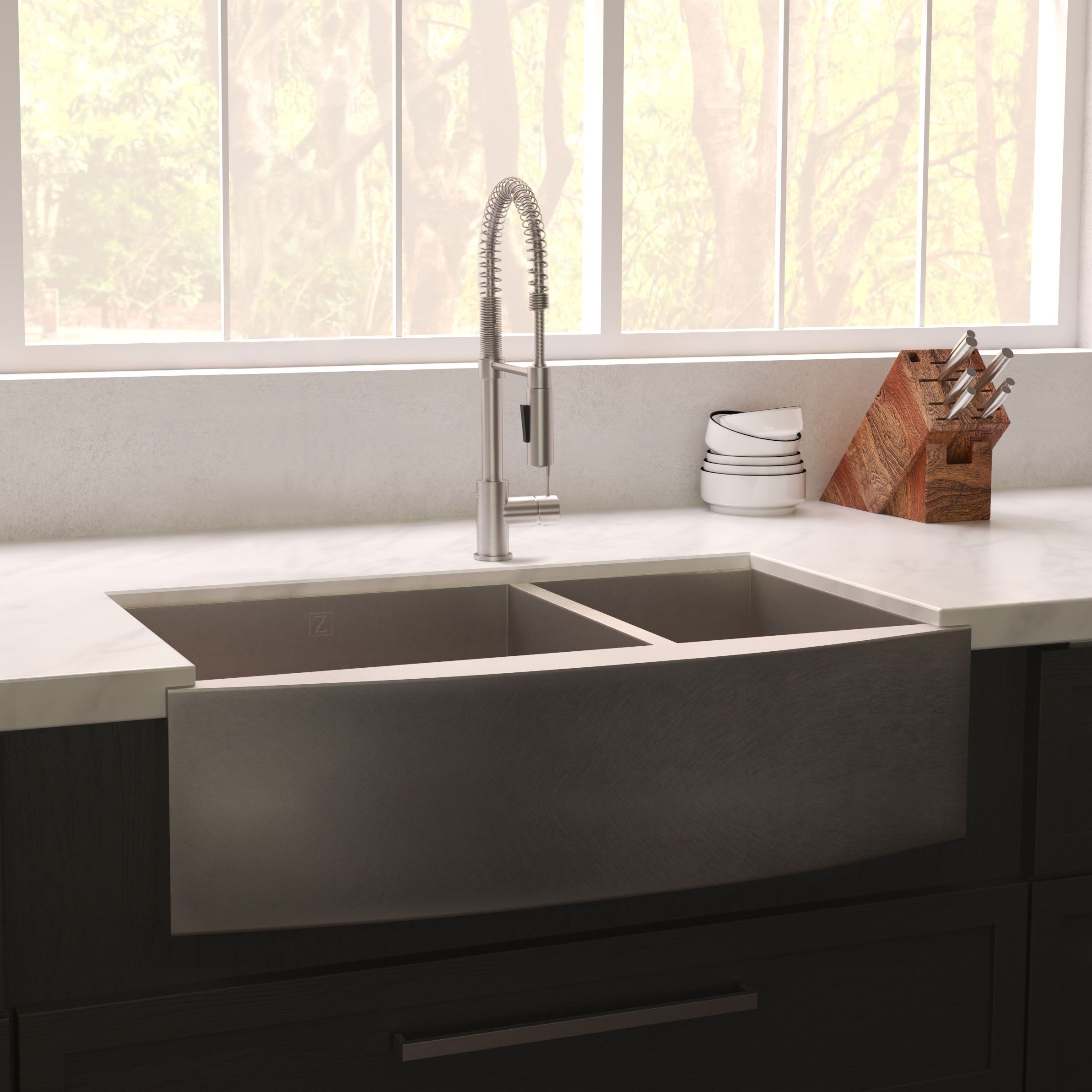 ZLINE 36" Courchevel Farmhouse Apron Mount Double Bowl Satin Stainless Steel Kitchen Sink with Bottom Grid, SA60D-36S