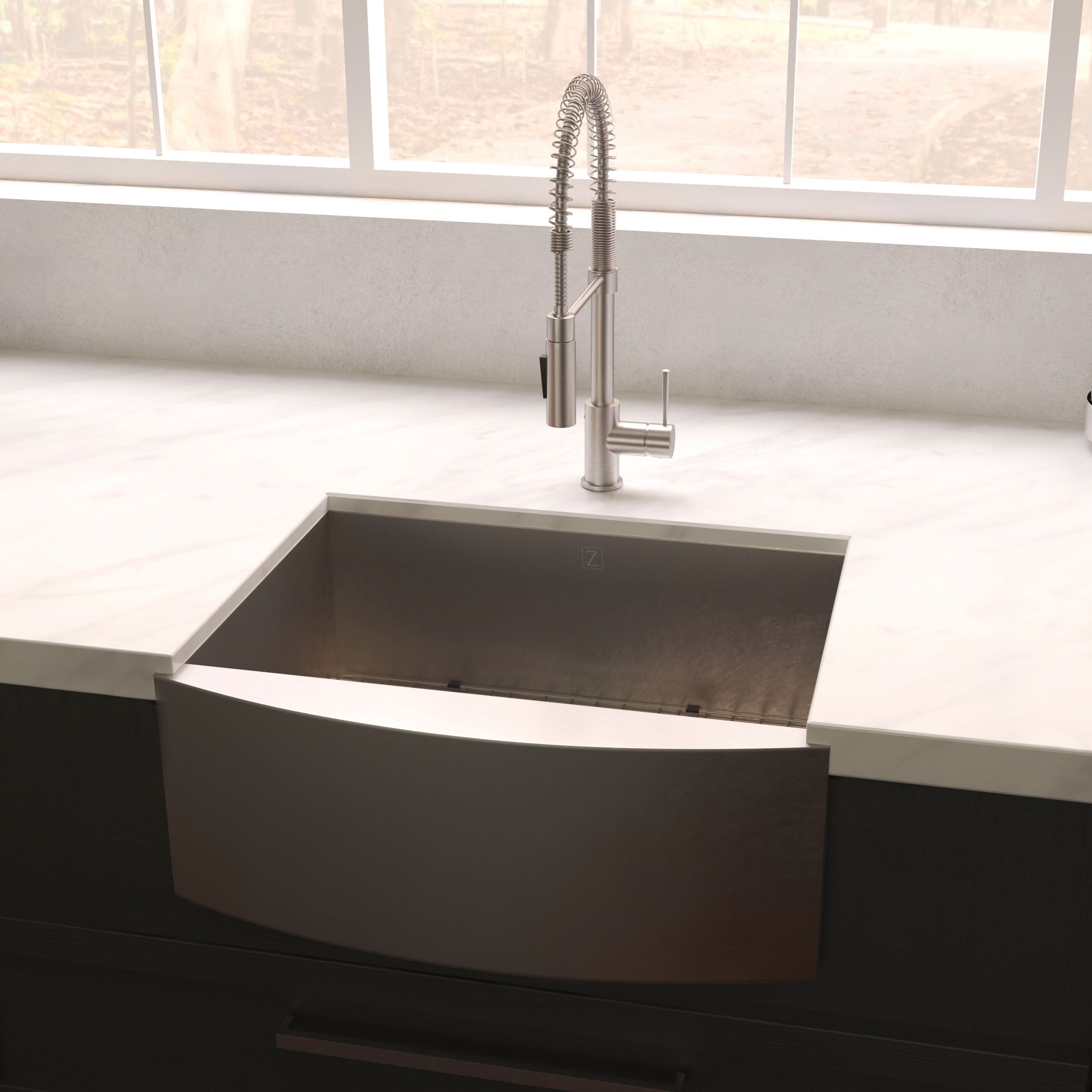 ZLINE 33" Vail Farmhouse Apron Mount Single Bowl Satin Stainless Steel Kitchen Sink with Bottom Grid, SAS-33S