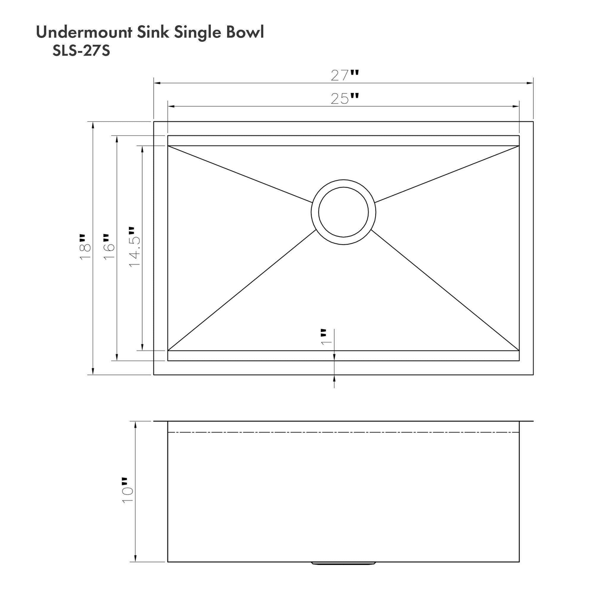 ZLINE 27" Garmisch Undermount Single Bowl Satin Stainless Steel Kitchen Sink with Bottom Grid and Accessories, SLS-27S