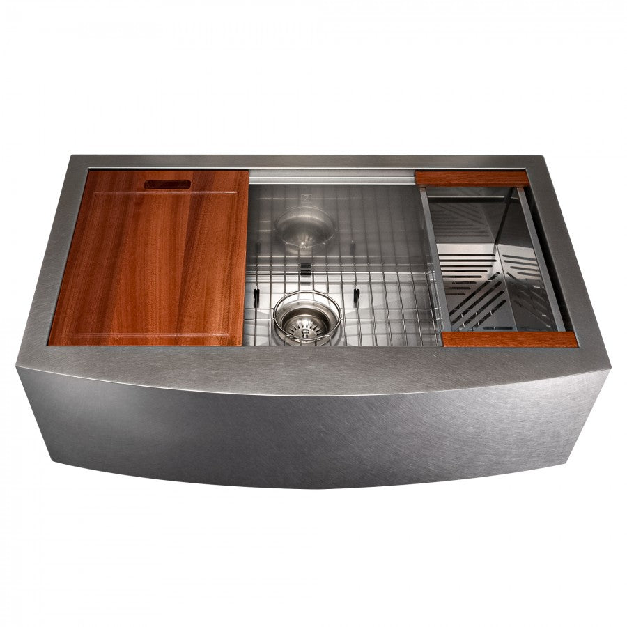 ZLINE 33" Moritz Farmhouse Apron Mount Single Bowl Satin Stainless Steel Kitchen Sink with Bottom Grid and Accessories, SLSAP-33S