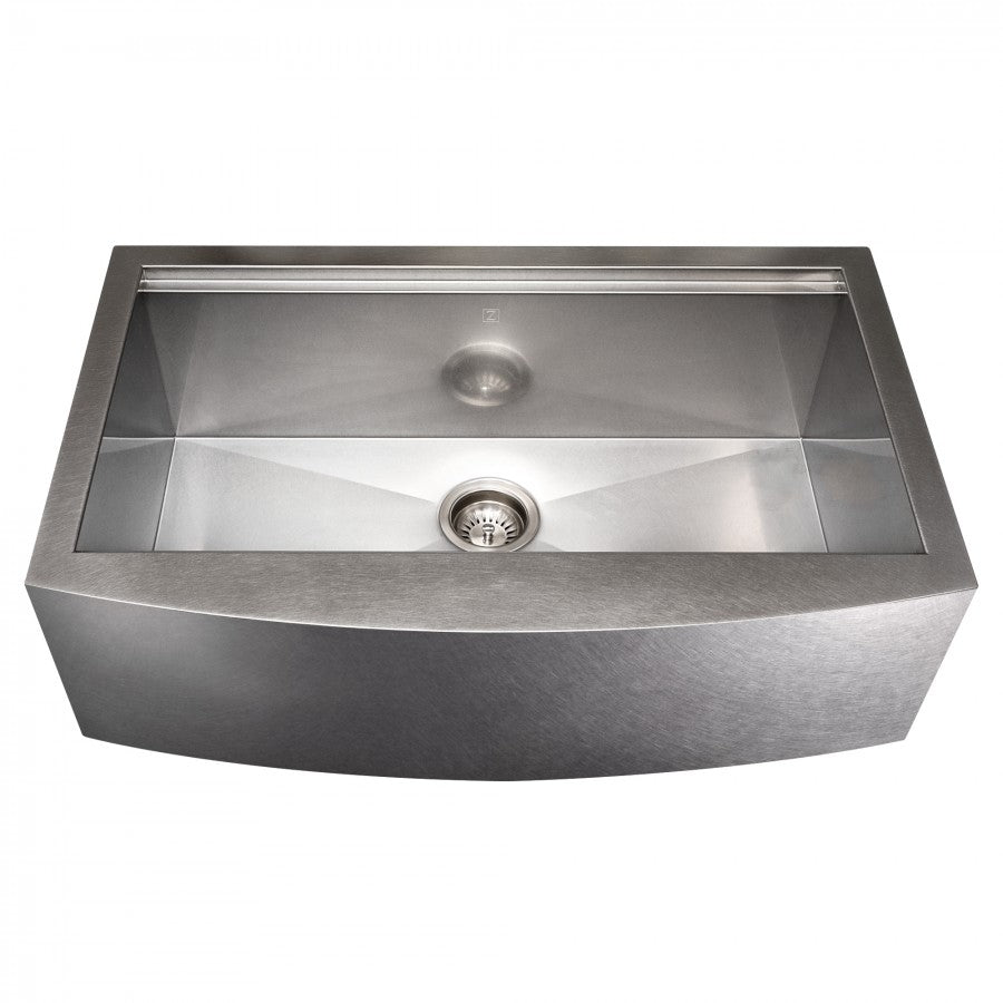 ZLINE 33" Moritz Farmhouse Apron Mount Single Bowl Satin Stainless Steel Kitchen Sink with Bottom Grid and Accessories, SLSAP-33S
