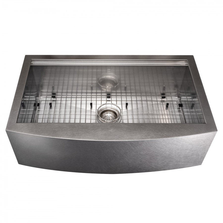 ZLINE 33" Moritz Farmhouse Apron Mount Single Bowl Satin Stainless Steel Kitchen Sink with Bottom Grid and Accessories, SLSAP-33S