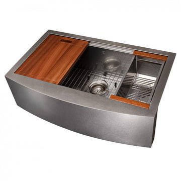 ZLINE 33" Moritz Farmhouse Apron Mount Single Bowl Satin Stainless Steel Kitchen Sink with Bottom Grid and Accessories, SLSAP-33S