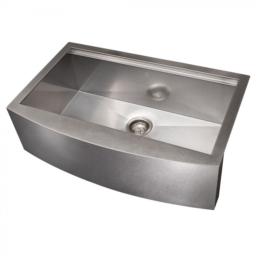 ZLINE 33" Moritz Farmhouse Apron Mount Single Bowl Satin Stainless Steel Kitchen Sink with Bottom Grid and Accessories, SLSAP-33S