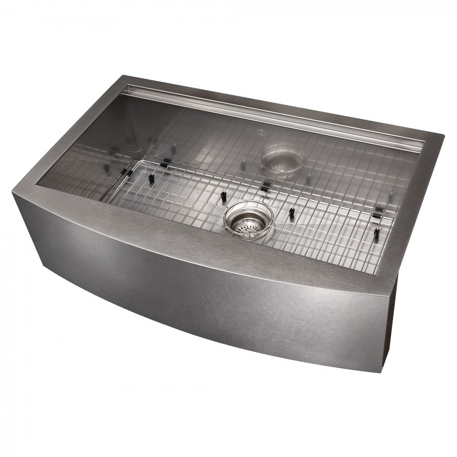 ZLINE 33" Moritz Farmhouse Apron Mount Single Bowl Satin Stainless Steel Kitchen Sink with Bottom Grid and Accessories, SLSAP-33S
