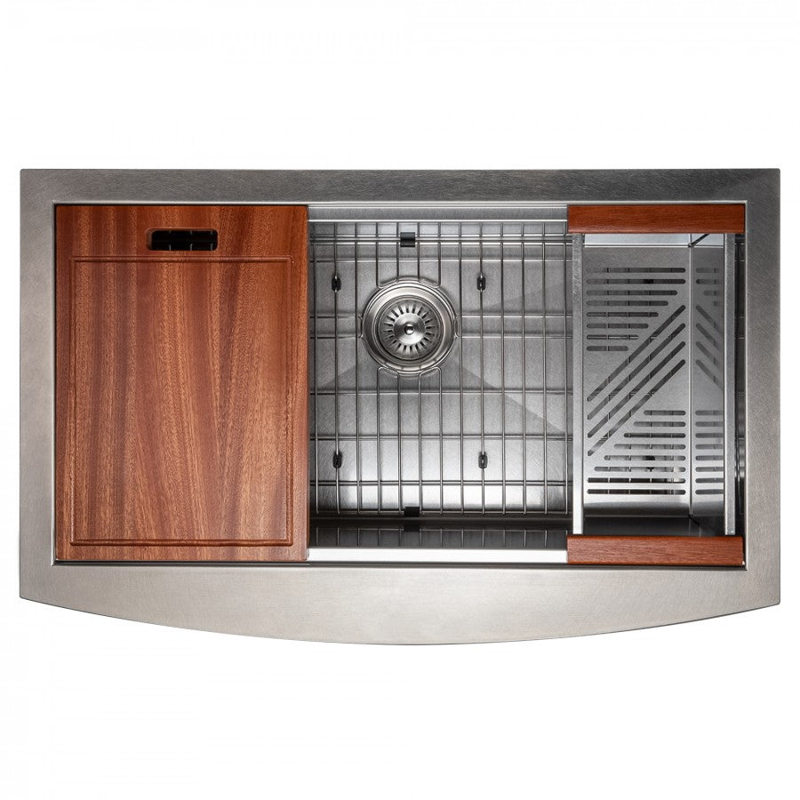 ZLINE 33" Moritz Farmhouse Apron Mount Single Bowl Satin Stainless Steel Kitchen Sink with Bottom Grid and Accessories, SLSAP-33S