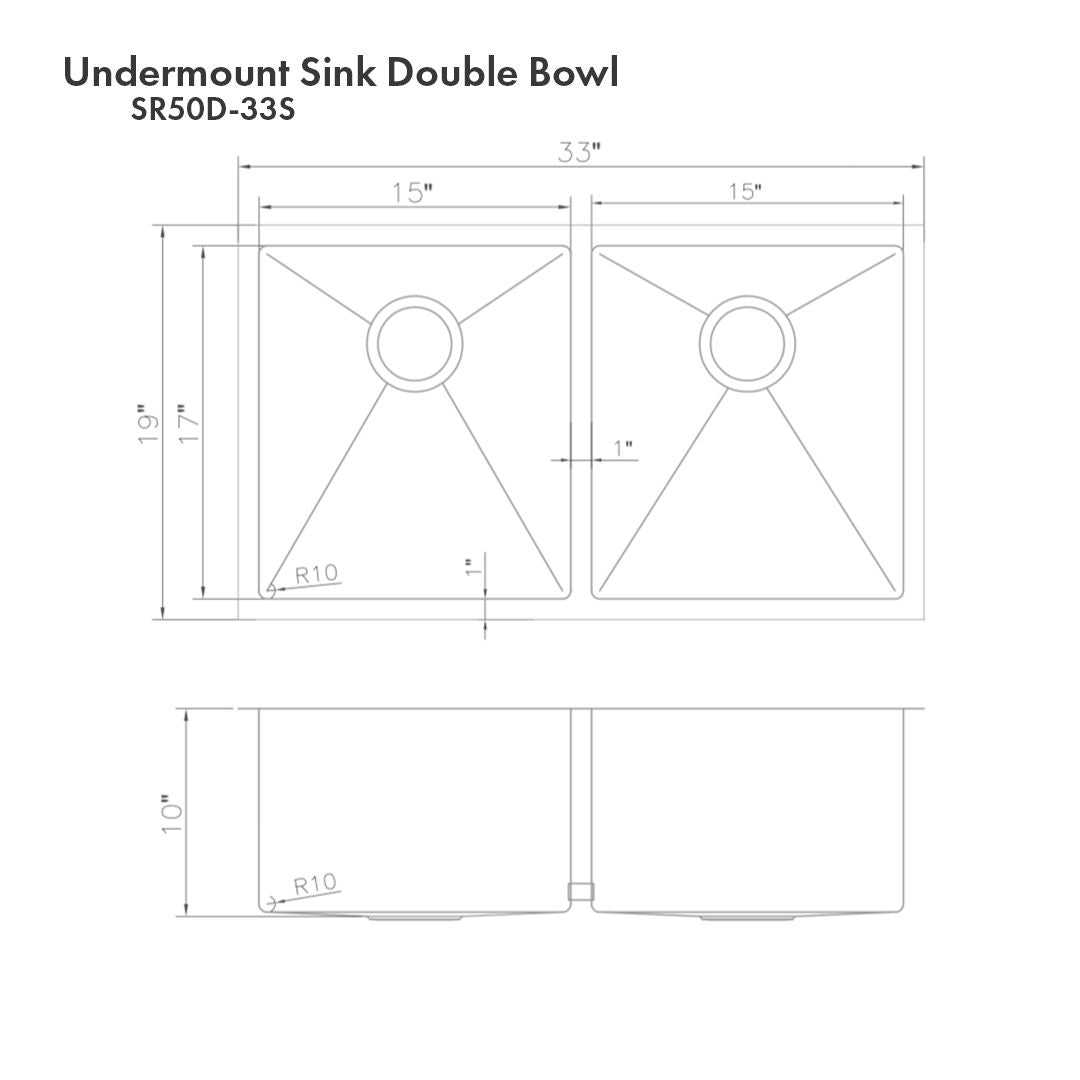 ZLINE 33" Anton Undermount Double Bowl Satin Stainless Steel Kitchen Sink with Bottom Grid, SR50D-33S