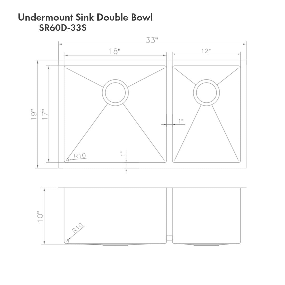 ZLINE 33" Chamonix Undermount Double Bowl Satin Stainless Steel Kitchen Sink with Bottom Grid, SR60D-33S