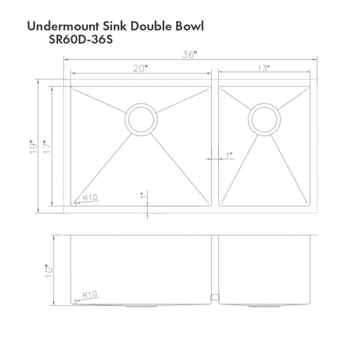 ZLINE 36" Chamonix Undermount Double Bowl Satin Stainless Steel Kitchen Sink with Bottom Grid, SR60D-36S