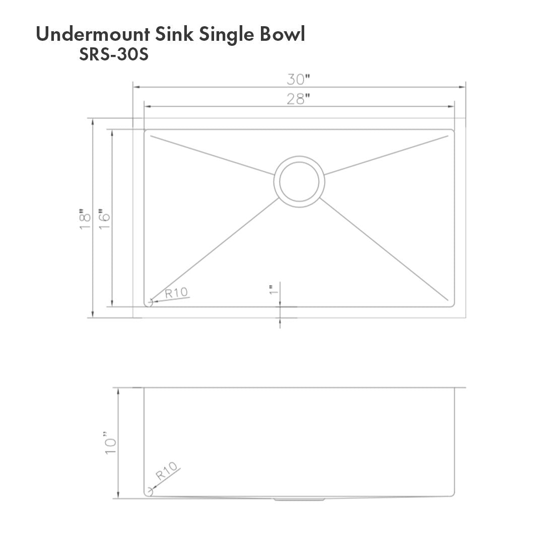 ZLINE 30" Meribel Undermount Single Bowl Satin Stainless Steel Kitchen Sink with Bottom Grid, SRS-30S