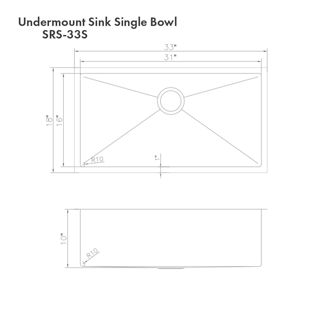 ZLINE 33" Meribel Undermount Single Bowl Satin Stainless Steel Kitchen Sink with Bottom Grid, SRS-33S
