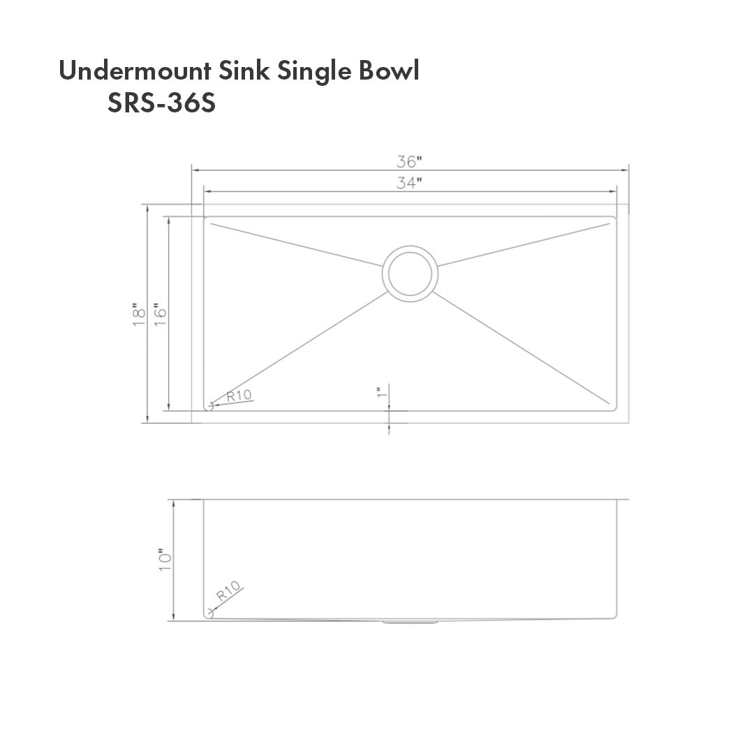 ZLINE 36" Meribel Undermount Single Bowl Satin Stainless Steel Kitchen Sink with Bottom Grid, SRS-36S