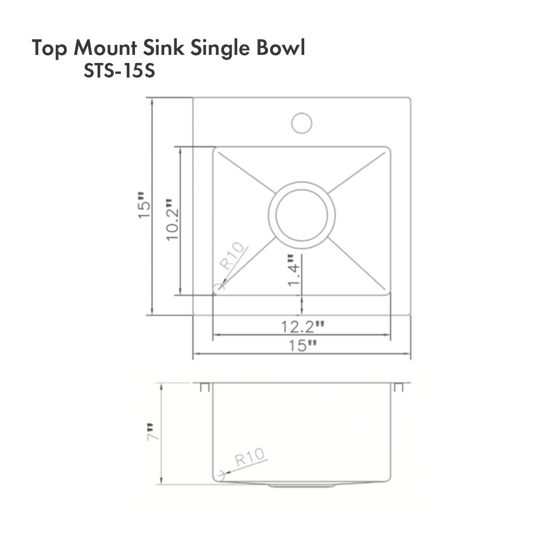 ZLINE 15" Donner Topmount Single Bowl Satin Stainless Steel Bar Kitchen Sink, STS-15S