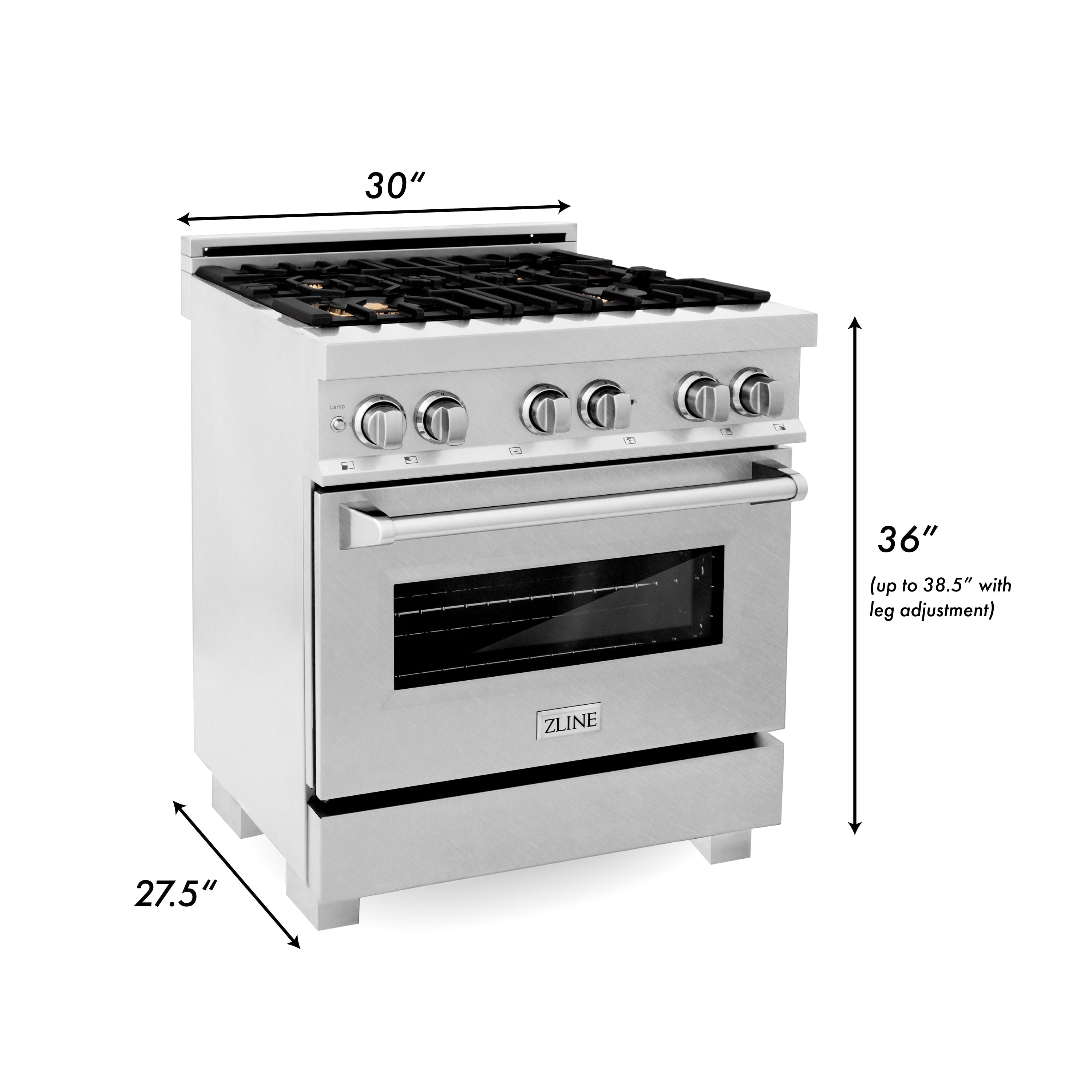 ZLINE 30 in. Legacy Dual Fuel Range, 4.0 cu. ft., Gas Cooktop with 4 Brass Burners and Griddle, Electric Convection Oven, Satin Stainless Steel, Model RAS-SN-BR-GR-30