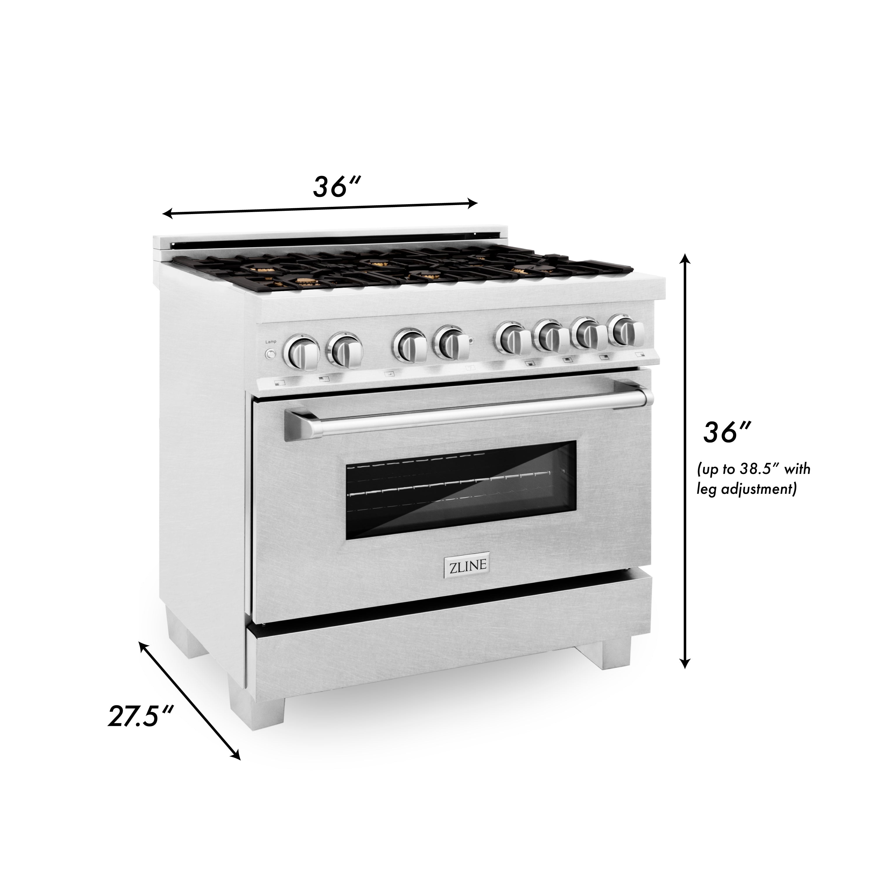 ZLINE 36 in. Legacy Dual Fuel Range with Gas Cooktop, Electric Convection Oven, 6 Brass Burners and Griddle in Satin Stainless Steel, 4.6 cu. ft. (RAS-SN-BR-GR-36)