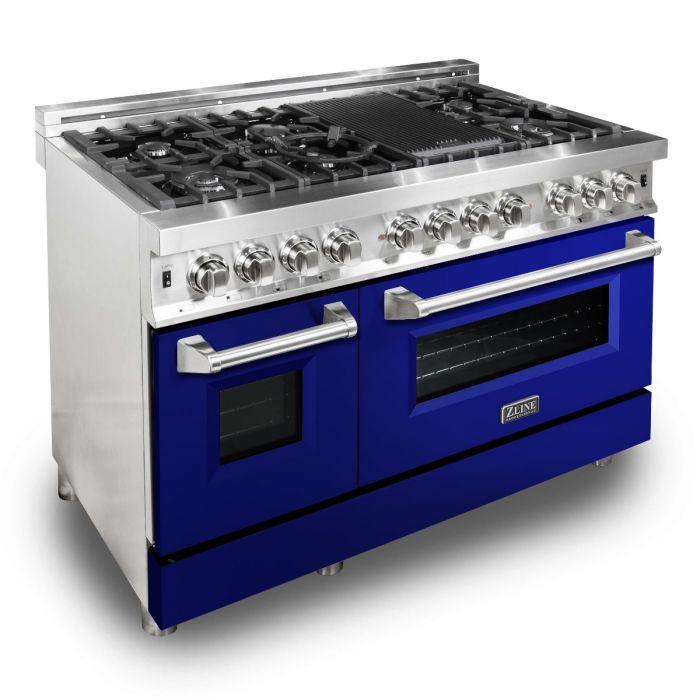 ZLINE 48 in. 6.0 cu. ft. Dual Fuel Range with 7 Gas Burners and Electric Convection Oven in Stainless Steel with Blue Gloss Door (RA-BG-48)