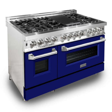 ZLINE 48 in. Dual Fuel Range with 7 Gas Burners and 6.0 cu. ft. Electric Convection Oven in Stainless Steel with Blue Matte Door (RA-BM-48)