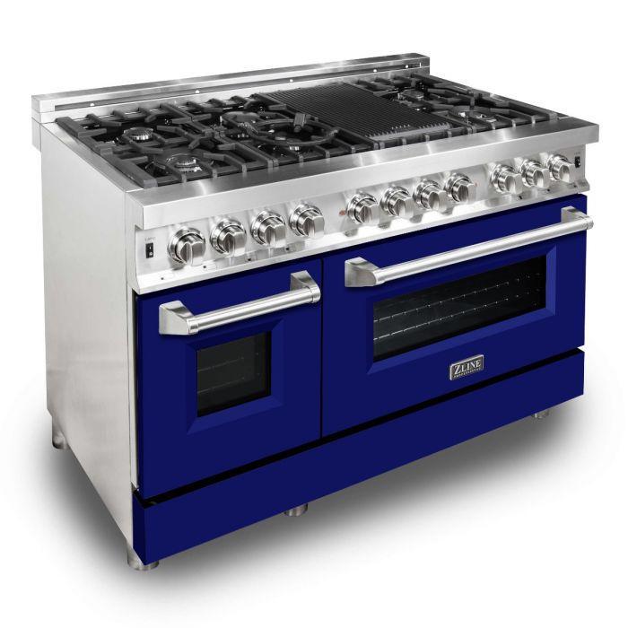 ZLINE 48 in. Dual Fuel Range with 7 Gas Burners and 6.0 cu. ft. Electric Convection Oven in Stainless Steel with Blue Matte Door (RA-BM-48)