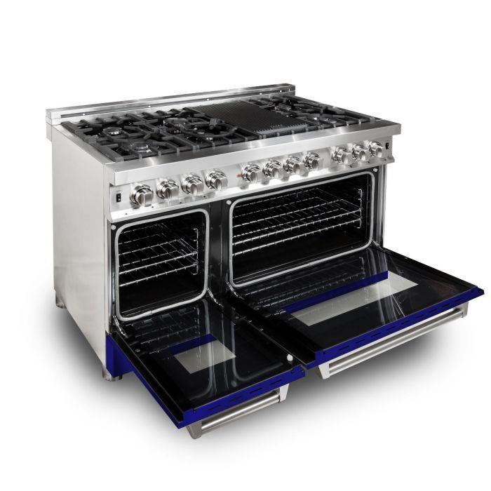 ZLINE 48 in. Dual Fuel Range with 7 Gas Burners and 6.0 cu. ft. Electric Convection Oven in Stainless Steel with Blue Matte Door (RA-BM-48)