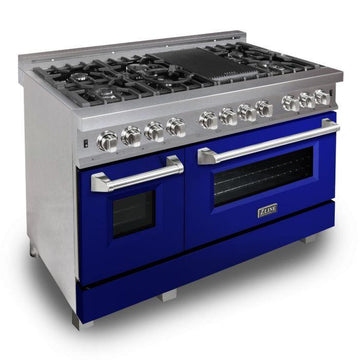 ZLINE 48 in. 6.0 cu. ft. Legacy Dual Fuel Range with 7 Burner Gas Cooktop and Double Electric Ovens in Satin Stainless Steel with Blue Gloss Doors (RAS-BG-48)