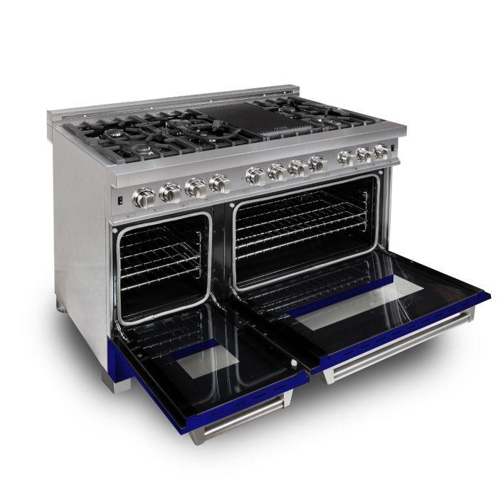 ZLINE 48 in. 6.0 cu. ft. Legacy Dual Fuel Range with 7 Burner Gas Cooktop and Double Electric Ovens in Satin Stainless Steel with Blue Gloss Doors (RAS-BG-48)