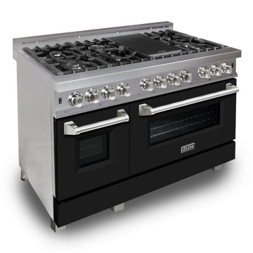 ZLINE 48 in. Legacy Dual Fuel Range with 7 Gas Burners and Double Electric Ovens, 6.0 cu. ft., Satin Stainless Steel with Black Matte Doors (RAS-BLM-48)