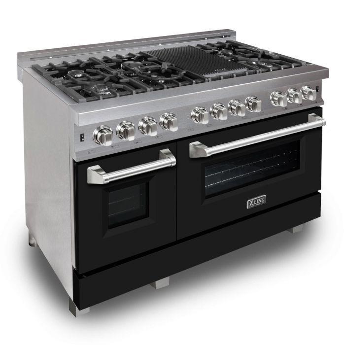 ZLINE 48 in. Legacy Dual Fuel Range with 7 Gas Burners and Double Electric Ovens, 6.0 cu. ft., Satin Stainless Steel with Black Matte Doors (RAS-BLM-48)